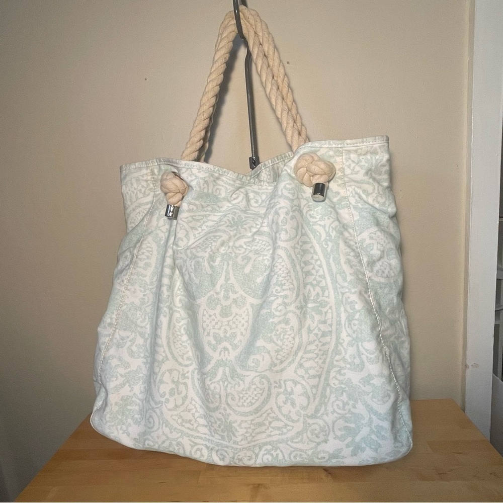 Donna Dixon Blue White Canvas Tote Bag Rope Handle Beach Vacation Nautical Summe